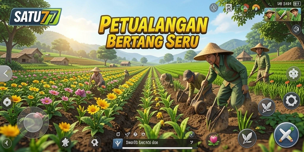Screenshot gameplay SATU77 dengan pemandangan kebun yang indah dan animasi menarik.